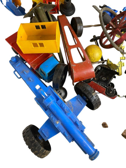 Vintage Toy Parts Pieces Scrap Junk Lot Wheels Hats Tires Plastic Tin