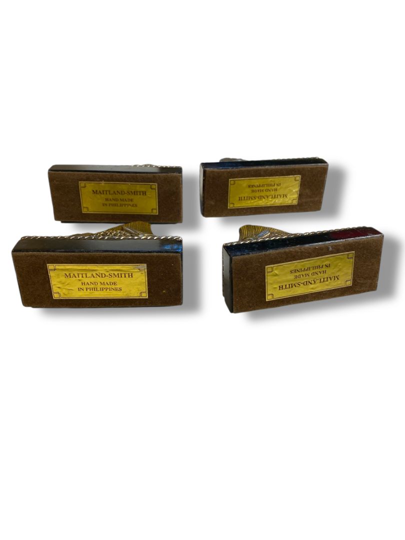 Set of 4 Maitland-Smith Handmade Placecard Name Holders Fish Marble Brass