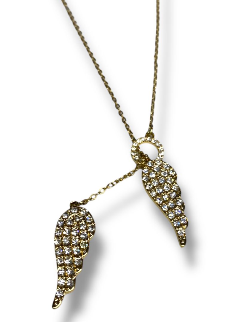 Goldtone Necklace Overhead Adjustable Feathers Rhinestones 26"