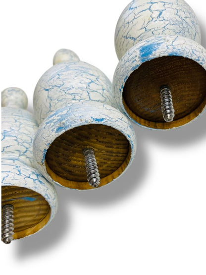 Vintage Wooden Set of 4 Finial Posts White Blue Crackle Paint 4.25" Screw In