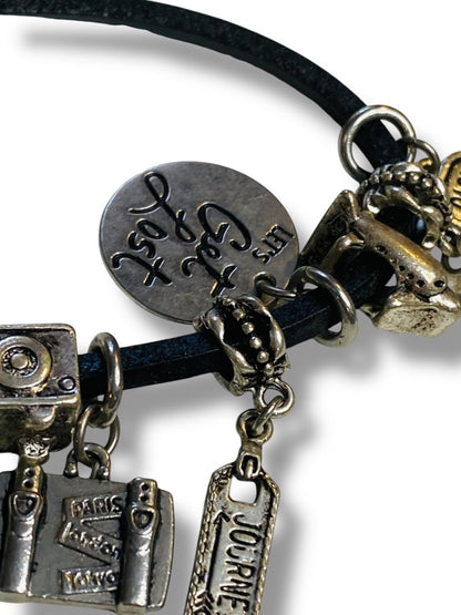 Travel Theme 10 Charm Bracelet 8" Black Leather Cord Silvertone