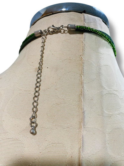 Green Silvertone Multistrand Pendant Necklace 16-19" Funky