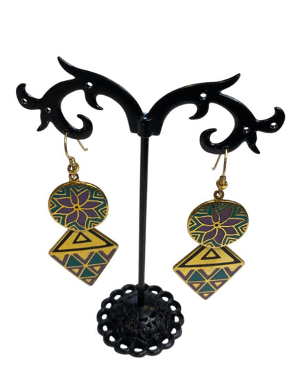1993 Sarah Burch Gypsy Spirit Earrings Fishhook Pierced Cloisonné 2.75" Drop
