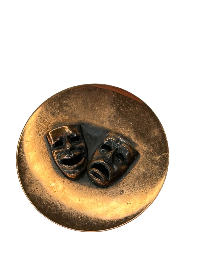 Vintage Copper Theater Drama Brooch Pin Happy Sad 1 7/8" Diameter