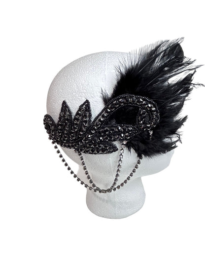 Flappers Style Black Rhinestone Feathered Headband Art Deco Style One Size Adult