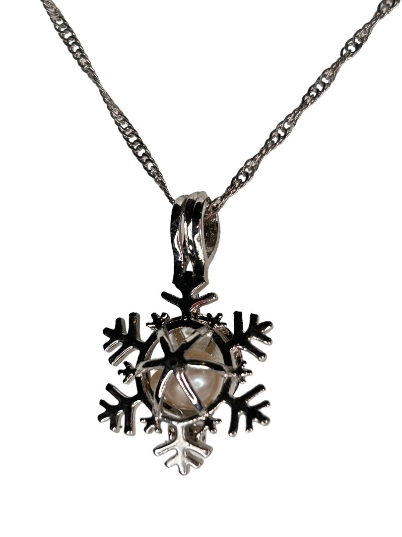 Silvertone Cage Pearl Snowflake Pendant Necklace 16" Chain