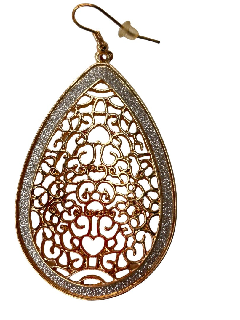 Goldtone Filigree Cutout Earrings Teardrop Shape Pierced Hook 2.25" Drop Dangle