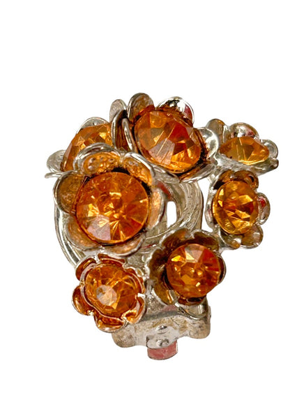 Bella Signora 1990s Clip On Orange Crystal  Earrings 3/4" Diameter Non-Pierced Silvertone