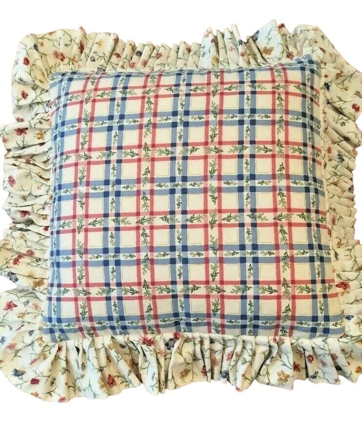 Country Ruffle Plaid Floral Throw Pillow Custom Made 21.5" Square