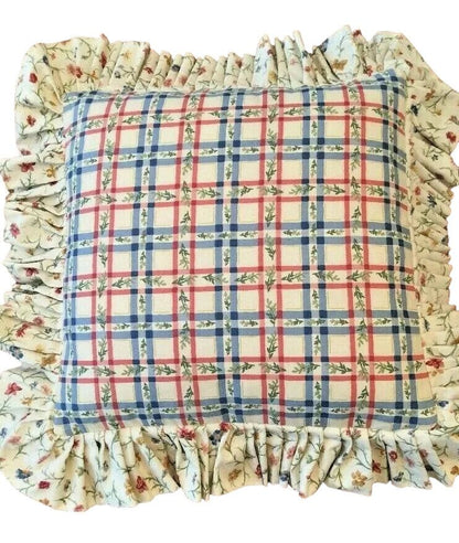 Country Ruffle Plaid Floral Throw Pillow Custom Made 21.5" Square