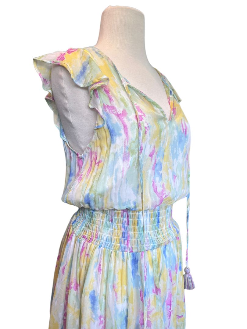 Size 8 Anthropologie Watercolor Print Spring Sleeveless Maxi Dress Lined Elastic Waist Tassle Ties