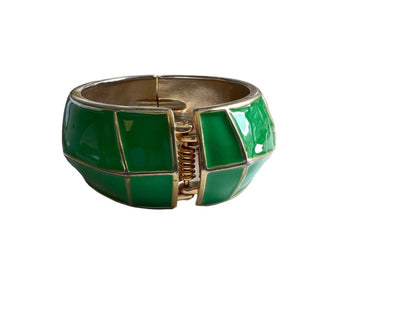 Goldtone Metal Hinged Bangle Bracelet Green Enamel Preppy