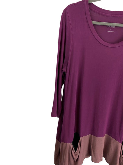 Large LOGO by Lori Goldstein Purple Soft Womens Color Block Tunic Top Pockets