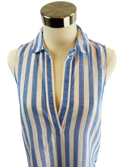 XXS J.Crew Womens Blue White Stripe Sleeveless Linen Blend Pullover Tunic Blouse