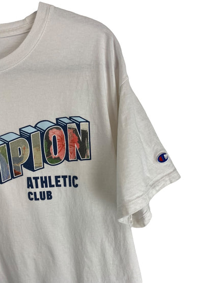 Large Champion Men's White Tshirt Short Sleeve "Greetings from the Champion Athletic Club"