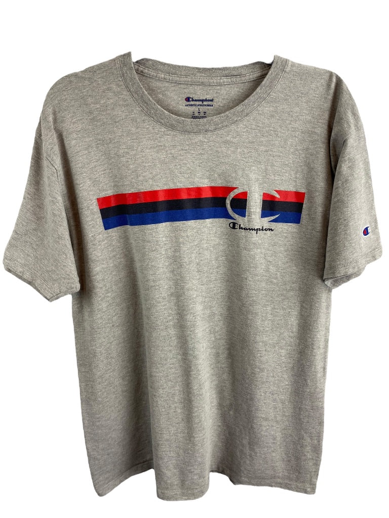 Large Champion Men's Gray Short Sleeve Tshirt Retro Stripe Logo