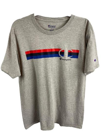 Large Champion Men's Gray Short Sleeve Tshirt Retro Stripe Logo