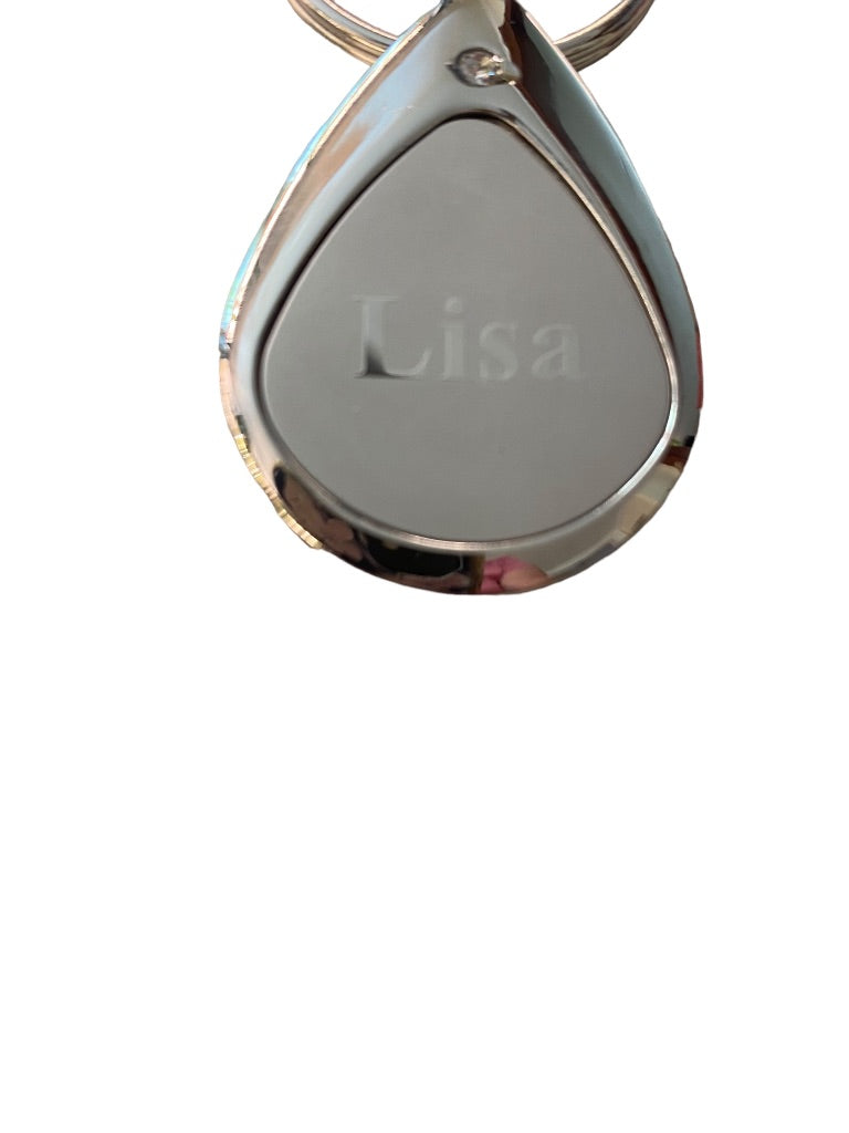 Silvertone Personalized Keychain Key Ring "Lisa" Droplet Shape 3"