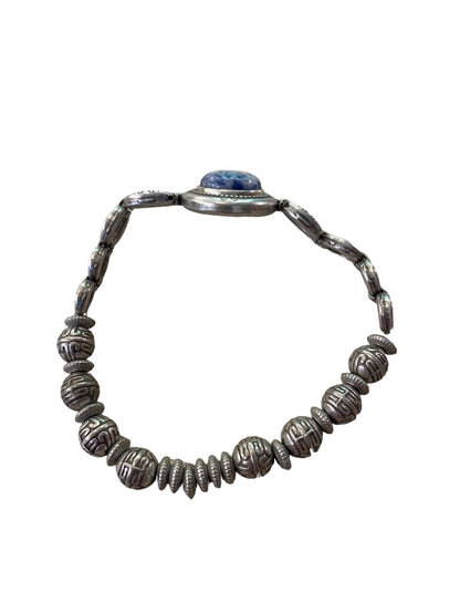 Magnabilities Silvertone Antiqued Stretch Bracelet Blue White Stone Inset Removable