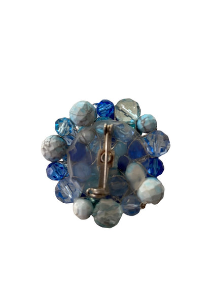 Mixed Blue Tones Beaded Cluster Brooch Statement 2.5" Diameter Pin