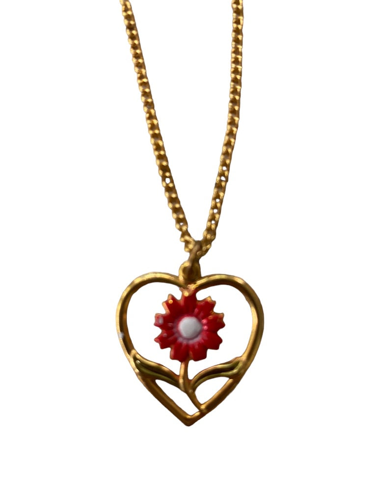 Goldtone Necklace Floral 1" Heart Pendant on 19" Chain Red White