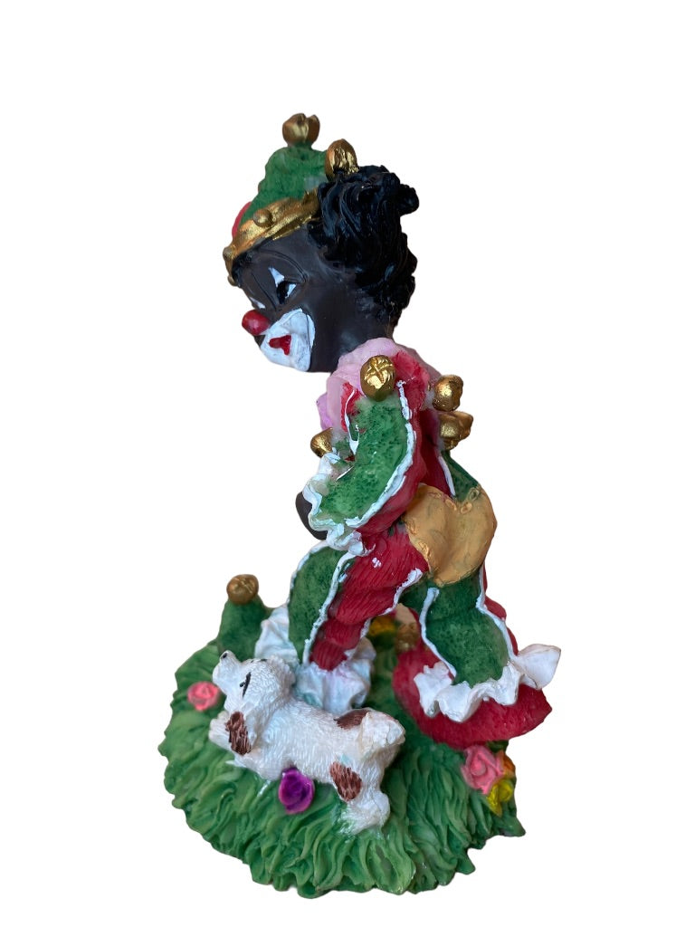 Resin Clown Figurine Green Red Brown Skin Jester Running Dog Grass 4.5"