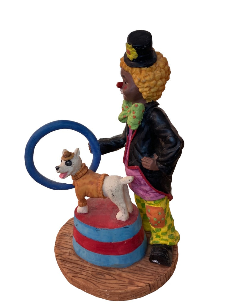 1997 Resin Clown Figurine Brown Skin Trick Dog Ring 7" Tabletop