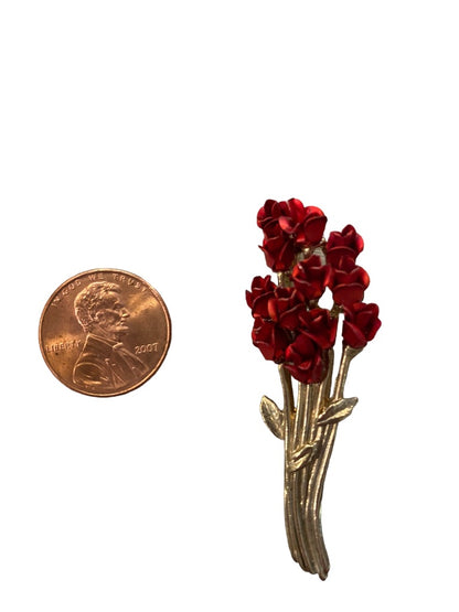 Signed DM Danbury Mint for Avon Brooch Red Goldtone Rose Bouquet 2.25" 1997
