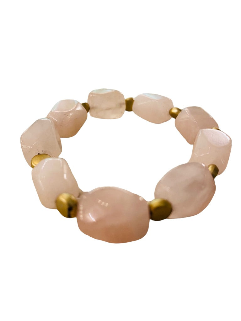 Beaded Stone and Goldtone Spacer Stretch Bracelet Blush Pink 2.5" Inside Diameter