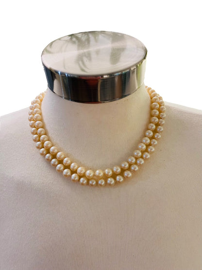 Double Strand Hand Knotted Vintage 7.7 mm Faux Pearl Dual Strand Necklace Daisy Clasp 16"