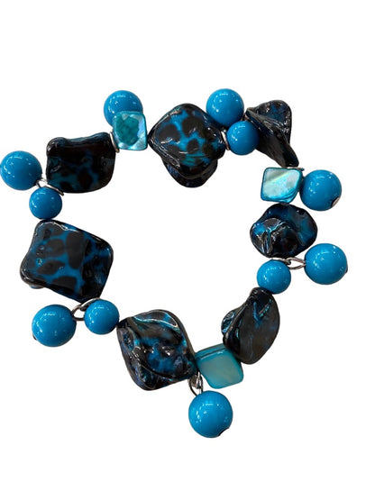 Beaded Stretch Bracelet Acrylic Funky Artsy Dangling Beads Teal Black