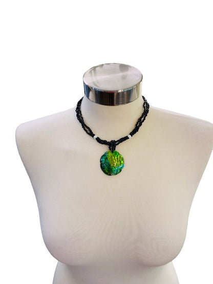 Seed Bead 16" Necklace Painted Green Shell Button Toggle Closure Beachy