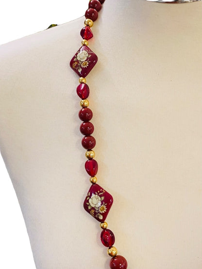 Red Burgundy Vintage 1980s Beaded Necklace Goldtone Floral Chunky 30" Spring Clasp