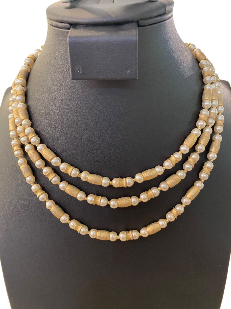 Triple Strand Hook Necklace Vintage 1950s  Goldtone Faux Pearl 18"