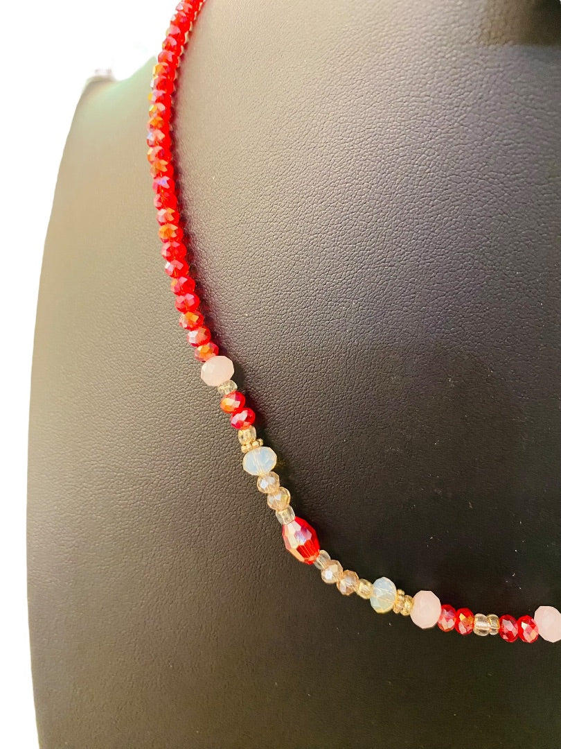 Red Crystal Beaded Necklace Clear Silvertone Necklace 18"