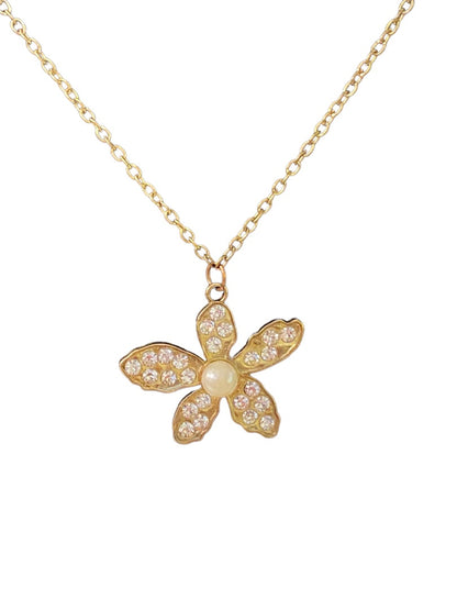 Goldtone 25" Necklace Overhead Chain Flower Pendant Faux Pearl Rhinestone