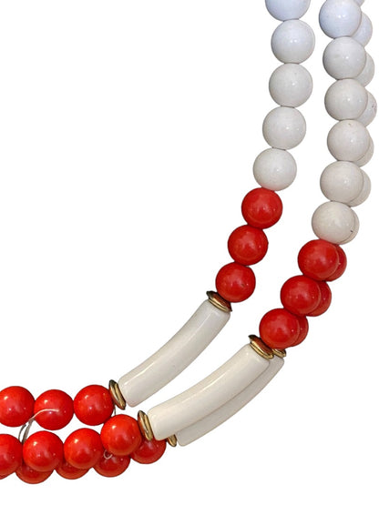 Red White Triple Strand Vintage 1960s Acrylic Beaded Statement Necklace 19"