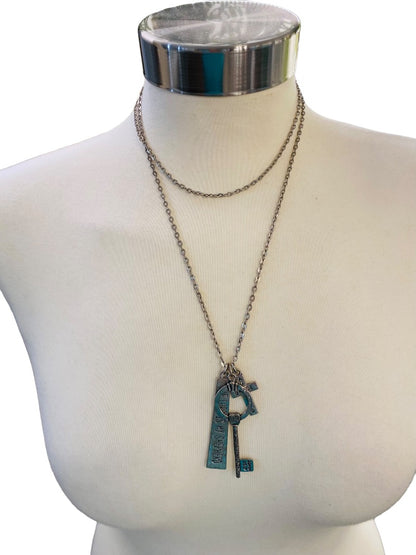 Christian Necklace Silvertone 3 Pendant Cross Key Amazing Grace Religious Lobster Clasp 36" Chain