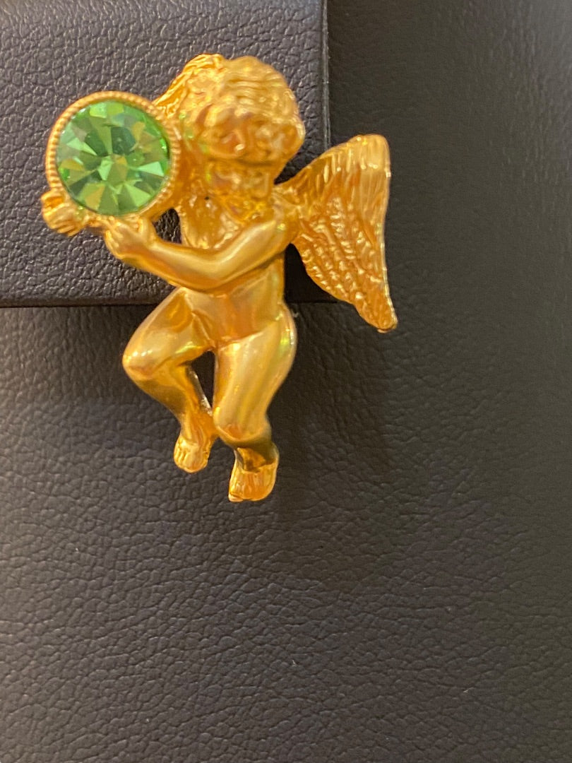 Vintage Avon Signed Guardian Angel Lapel Pin Peridot Cherub 1"