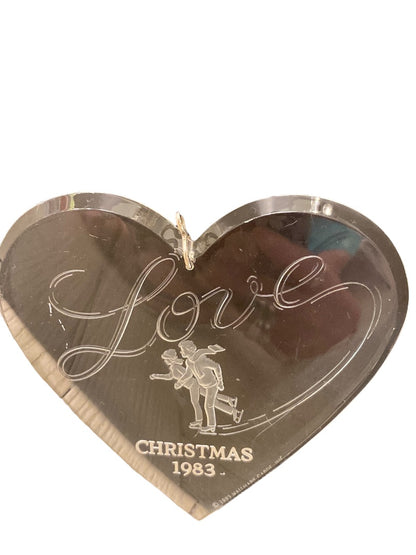 Clear Acrylic Christmas 1983 Ornament Love Ice Skaters Heart Shape 3 3/4"