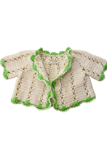 Vintage Hand Crocheted Baby Sweater Cream Green Trim Tie Closure Cardigan 12-24 Mos