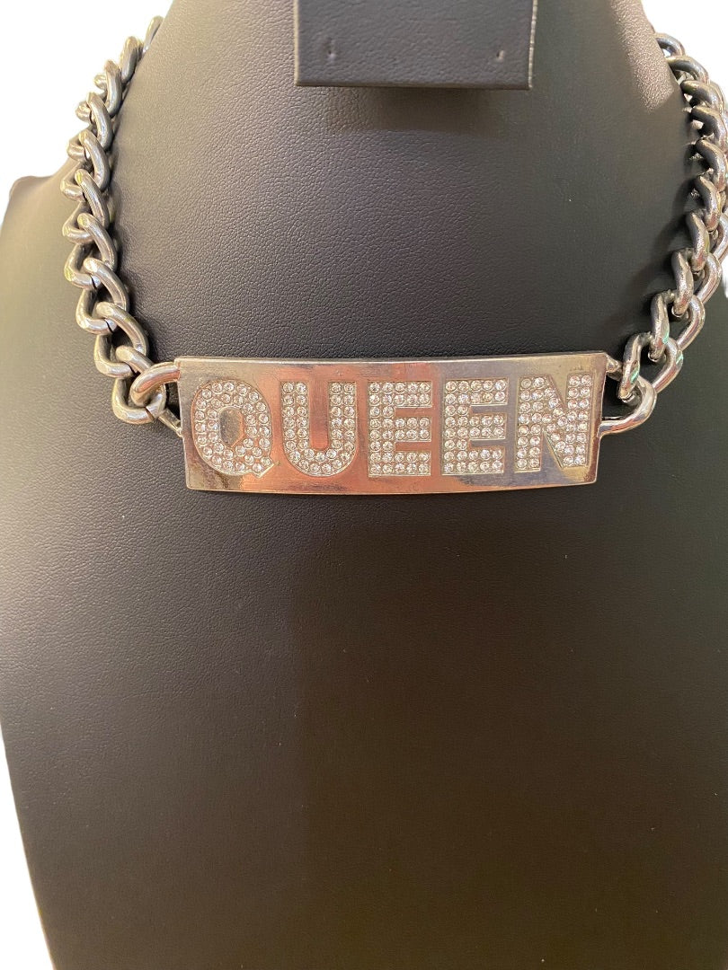 "QUEEN" Silvertone Embellished Chunky ID Style Choker Necklacce 16"