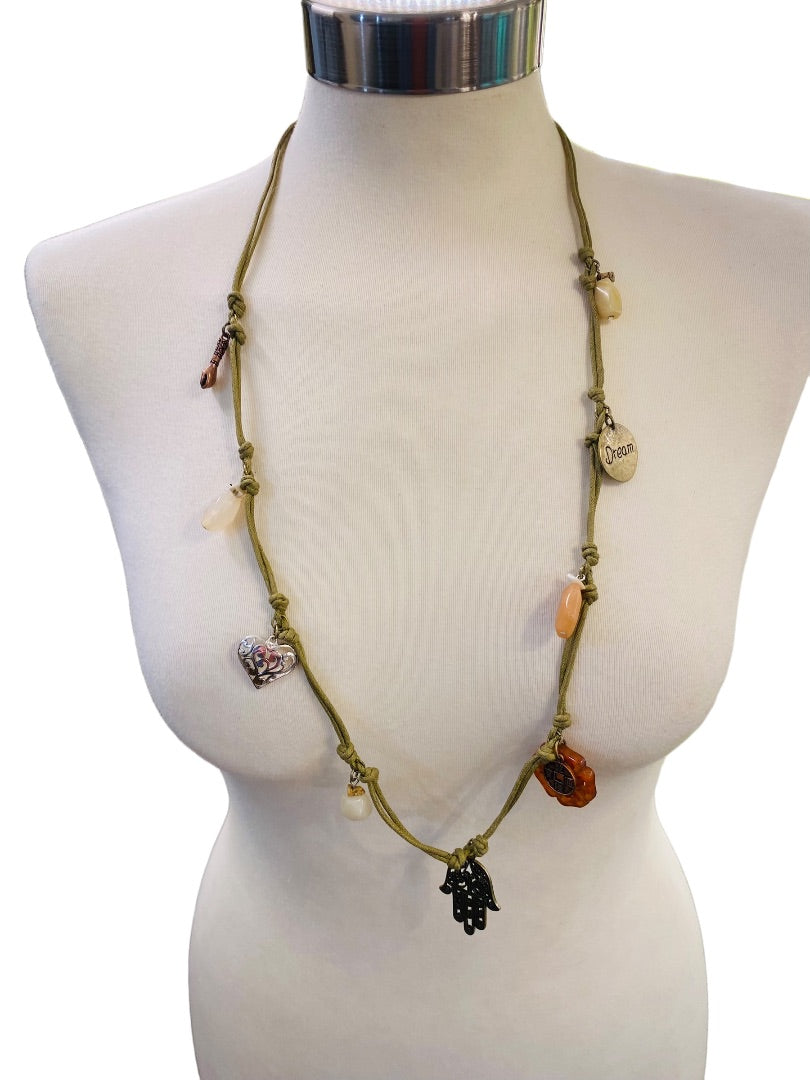 Charm Necklace Boho Eclectic Style Tied Knots Lobster Clasp 34"l Hamso Dreeam Stones