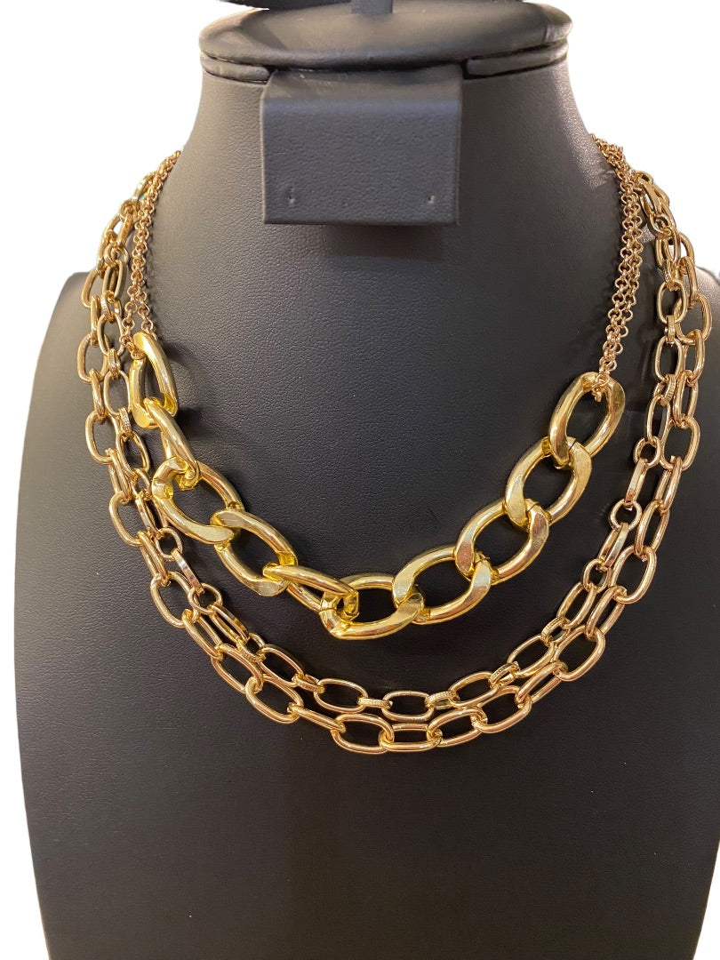 Layered Goldtone Chunky Chain Necklace Statement Lobster Clasp Closure 16"