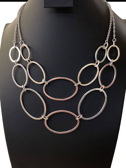 Silvertone Layered Bib Necklace 17-20" Lays Flat Lightweight Statement