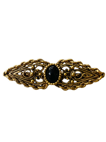 Vintage Victorian Style Brooch Goldtone Black Pin Filigreee Intricate 2" Length