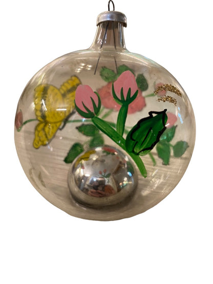 Clear Glass Ornament Tabletop or Hanging Handpainted Butterfly Flower Glitter 3.25" Diameter