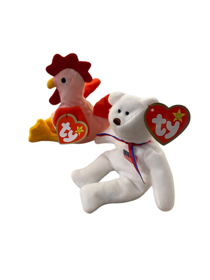 Ty Teenie Beanie Babies Strut the Rooster and Libearty the Bear 5" Plush Tgs