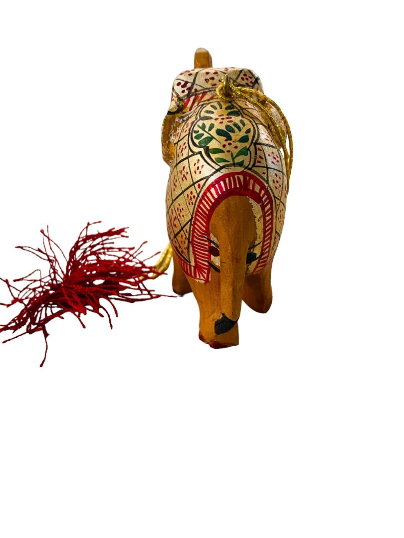 Wooden Elephant Ornament Painted Truck Up Red Gold Tassel 2.2"h Holiday