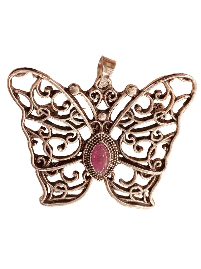 Silvertone Butterfly Pendant Brooch Purple Jewel 1.5" Filigree Style